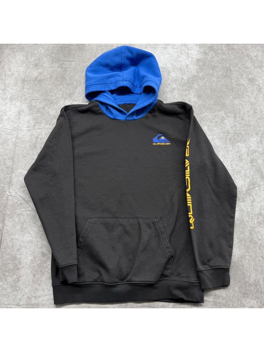 Quiksilver Graphic Hoodie Black Cobalt Blue Contrast Sleeve Logo Boxy Mens Small